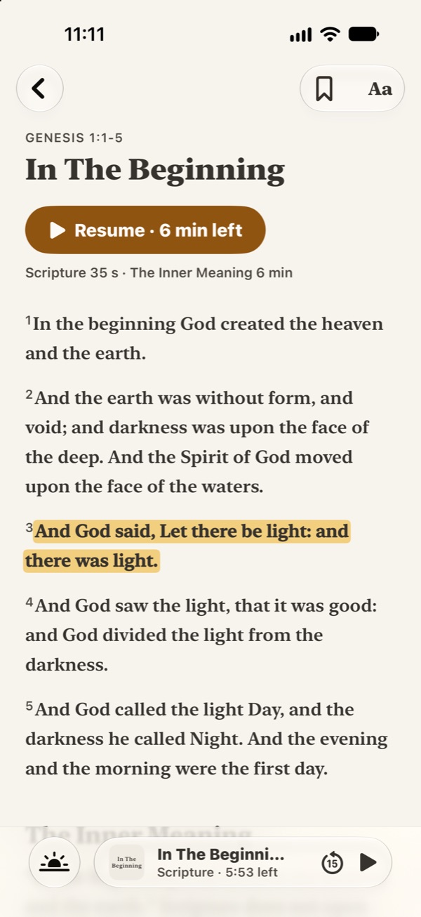 InnerBible reading Genesis 1:1-5 aloud, the sentence being read in a gold band