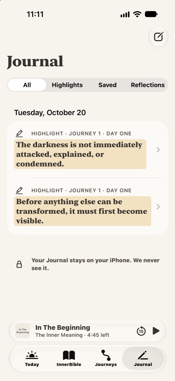 The Journal in InnerBible, with highlights and reflections